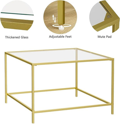 Glass Coffee Table, Modern Rectangular Coffee Table for Living Room, Minimalist Center Tea Table with Sturdy Metal Frame for Apartment, Office, Easy Assembly, 23.6 x 19.7 x 17.7 Inches, Golden