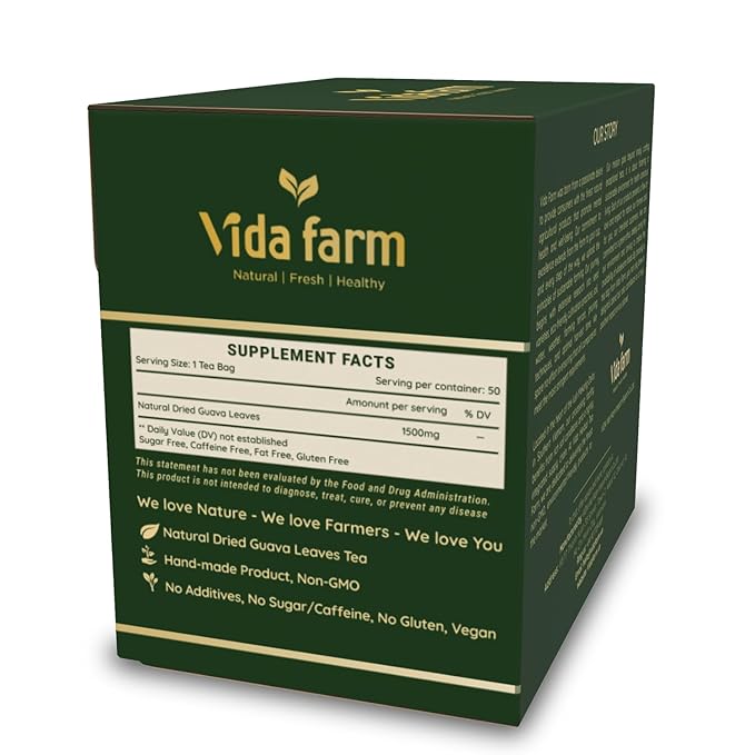 VIDA FARM 50 Premium Guava Leaf Tea Bags, Zero Sugar Tea, Handpicked, 100% Pure and Natural Guava Leaves, Non-GMO, No Caffeine, Gluten-Free, Vegan