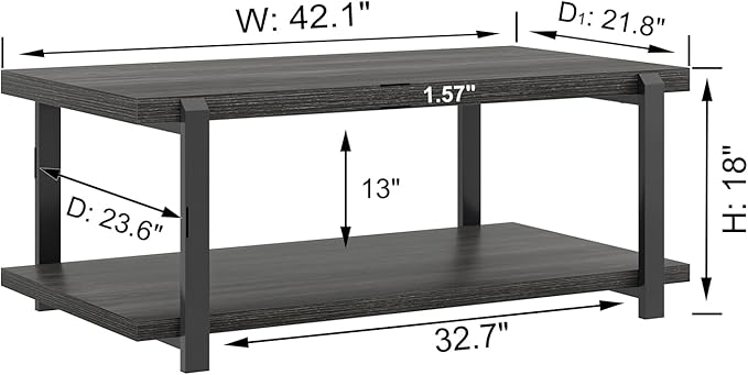 FOLUBAN Modern Coffee Table, Rustic Wood Center Table with Storage for Living Room, Dark Gray