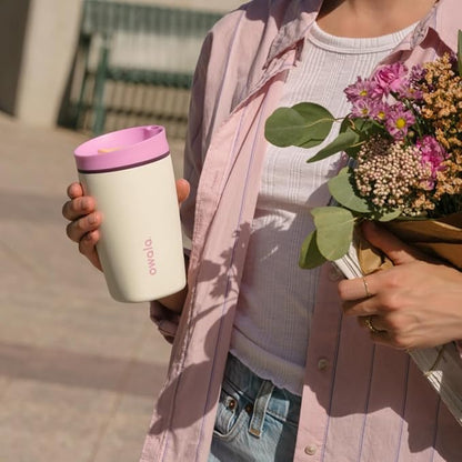 Owala SmoothSip Slider Insulated Stainless Steel Coffee Tumbler, Reusable Iced Coffee Cup, Hot Coffee Travel Mug, BPA Free 12 oz, Pink/Tan (Daybreak)