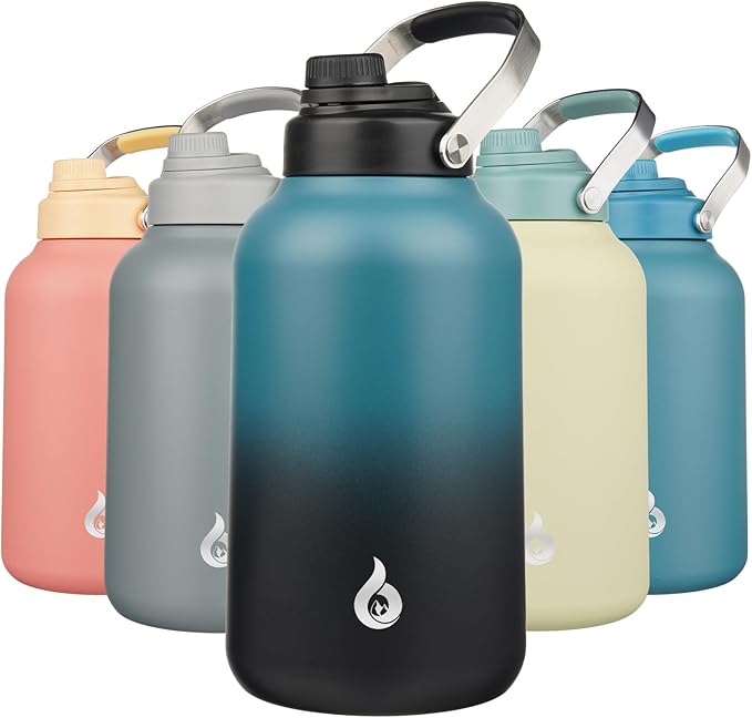 BJPKPK 1 Gallon Water Bottle Insulated, Dishwasher Safe 128oz Large Water Jug with Metal Handle & BPA Free Spout Lid, Stainless Steel Metal Thermo for Gym, Sports & Hiking, Blue Black