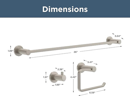 Franklin Brass Kildare 3-Piece Bathroom Set Satin Nickel 18" + 6" Towel Rack, Toilet Paper Holder/Hand Towel Holder, Hook | 3-Piece Bath Hardware Accessories Set KLD63-SN