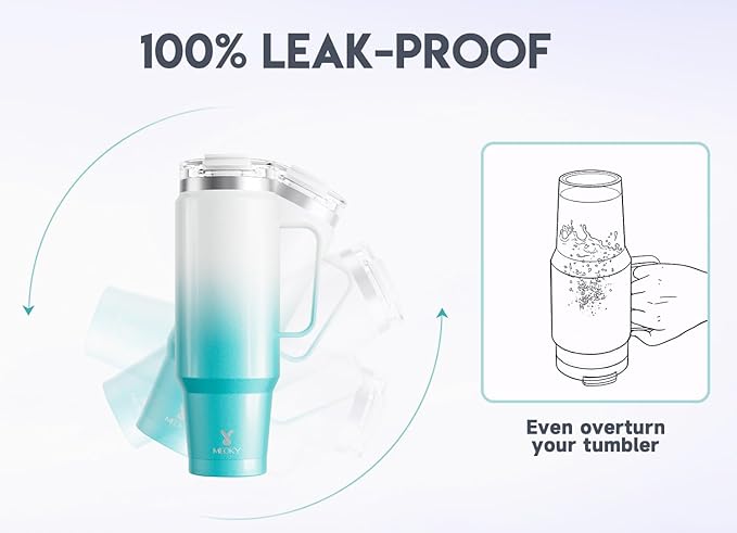 Meoky 40oz Tumbler with Handle, Stainless Steel Travel Mug with 2-in-1 Straw and Sip Lid, Vacuum Insulated Coffee Mug, 100% Leak Proof, Keeps Cold for 34 Hours or Hot for 10 Hours (Azure)