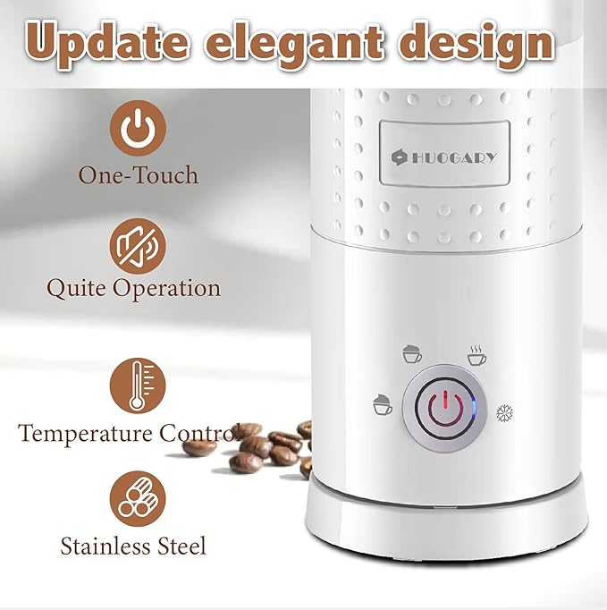 Huogary Electric Milk Frother and Steamer - 4 In 1 Automatic Milk Steamer, 300ml/10.1oz Hot& Cold Foam Maker and Milk Warmer For Latte, Cappuccinos, Macchiato, White