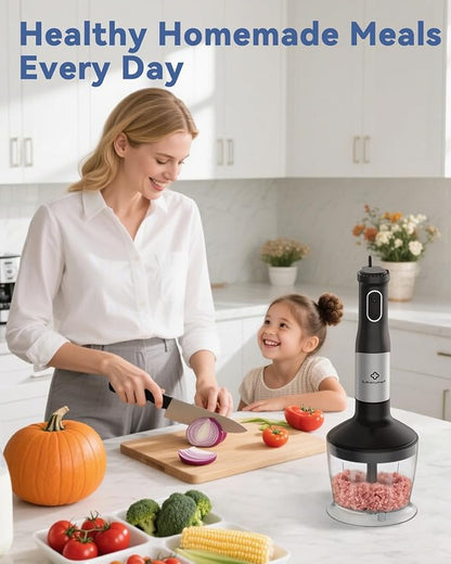 LINKChef 7 in 1 Immersion Blender Handheld, 800W Hand Blender Set, Scratch Resistant with 2 Titanium Steel Blades, 20 Speed and Turbo Mode, Includes Whisk, Milk Frother, Food Processor & Beaker