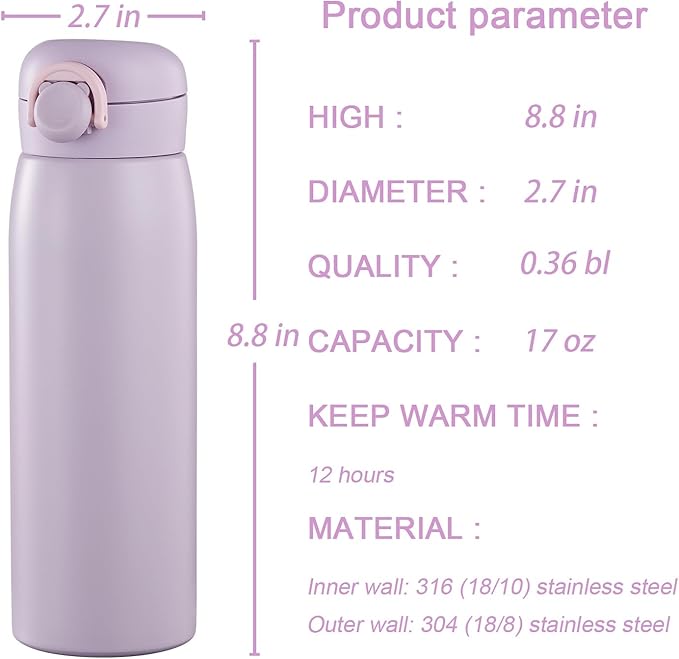 17 oz Mini Water Bottle Small Stainless Steel Thermoses - Insulated Vacuum, Leak Proof, Keeps Drinks Hot/Cold - Ideal for Coffee, beverage, Water - Purple