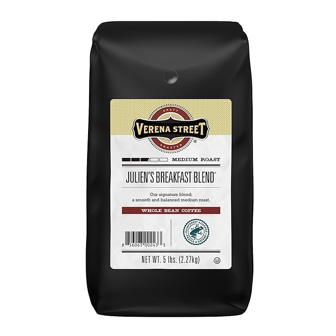 Verena Street 5 Pound Whole Bean Coffee, Medium Roast, Julien's Breakfast Blend, Rainforest Alliance Certified Arabica Coffee