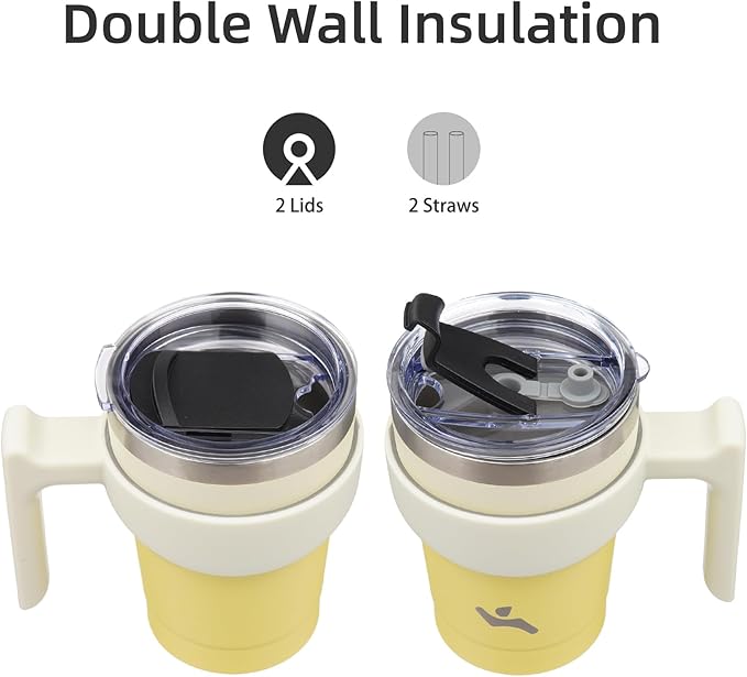10 oz Tumbler with Handle and 2 Straw 2 Lid, Insulated Water Bottle Stainless Steel Vacuum Cup Reusable Travel Mug,Lemon