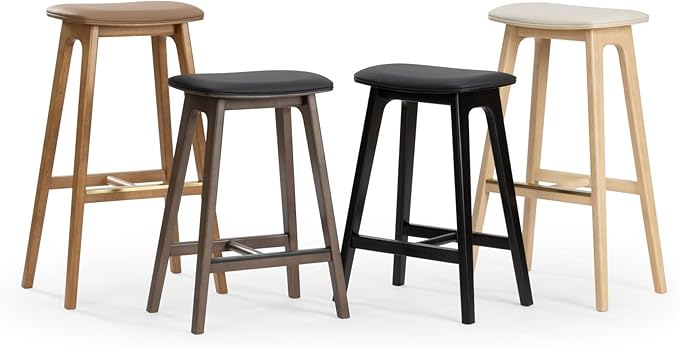 Plank+Beam Beryl Counter Height Stool - Mid-Century Modern Rubberwood Bar Stool with Faux Leather Seat, Metal Footrest, Easy Assembly, 4-Pack, Pecan/Toffee