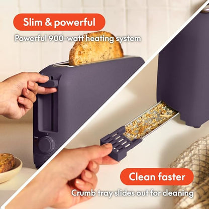 bella 2 Slice Slim Toaster, Fits-anywhere™ Kitchenware, 6 Setting Shade Control with Reheat & Cancel Buttons, Fits sourdough, 10” Long Slot, Anti Jam & Auto Shutoff, 900 Watt, Plum