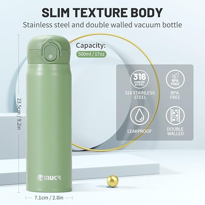 17 oz / 500 ml Insulated Water Bottle, Stainless Steel Thermo Coffee Travel Mug, Thermal Cup with Snap Flip Lid, BPA Free for Hot and Cold Drinking, Green