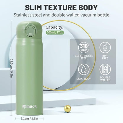 17 oz / 500 ml Insulated Water Bottle, Stainless Steel Thermo Coffee Travel Mug, Thermal Cup with Snap Flip Lid, BPA Free for Hot and Cold Drinking, Green