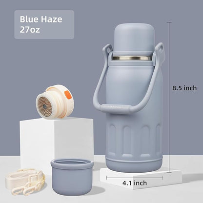 Insulated Water Bottle with Handle and Strap,Vacuum Travel Tumbler with Cup Lid,Thermo Coffee Cup for Hot Cold Drinks 27 OZ,Blue Haze