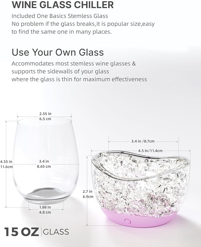Wine Chiller for Glass Stemless Wine Glass Chiller Keeps Your Glasses of Vino Cold 10 Color Light Modes Separable Wine Essentials Accessories (Pink)