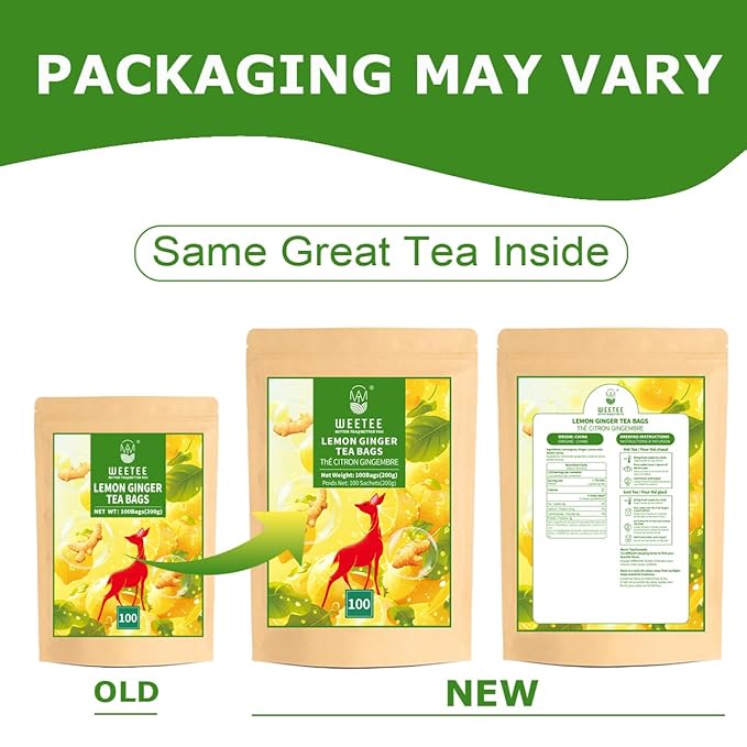 WT WEETEE Lemon & Ginger Herbal Tea, 100% Natural Ingredients, Made With Lemongrass, 100 Count Caffeine-Free Tea Bags