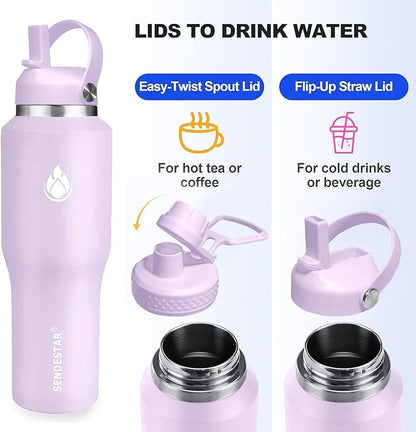 SENDESTAR 40oz Water Bottle Wide Mouth Stainless Steel Vacuum Insulated Double Wall with 2 Straw Lids Fit in Any Car Cup Holder
