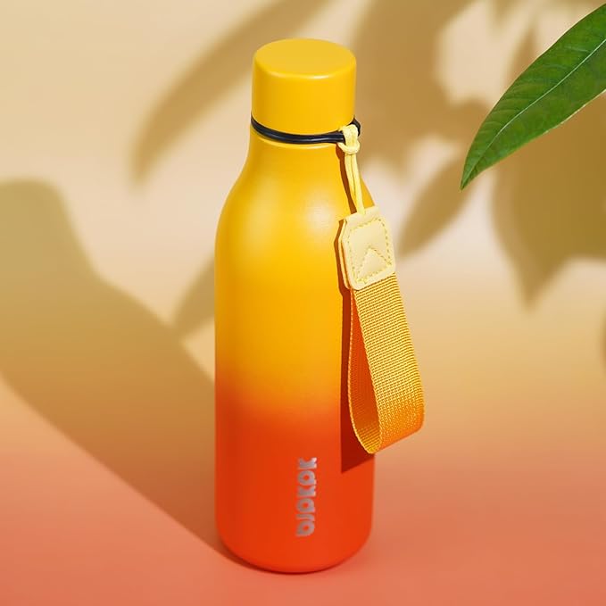 BJPKPK Insulated Water Bottles, 18 oz Stainless Steel Metal Water Bottle with Strap, BPA Free Leak Proof Jugs, Mugs, Flasks, Reusable Thermal Flasks for Sports & Travel, Sunset Orange
