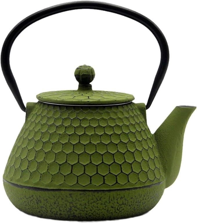 20.3oz Cast Iron Teapot, Small Tea Kettle for Stovetop Safe With Enameled Interior, Stainless Steel Infuser for Loose Tea (Green Honeycomb Pattern)
