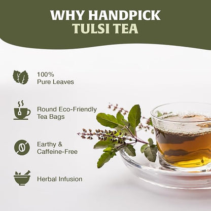 HANDPICK Original Tulsi Tea (100 count) Holy Basil Calming and Stress Relief Tea, Immune Support | Non-GMO, Caffeine-Free Herbal Tea | Ecofriendly Round Tea Bags