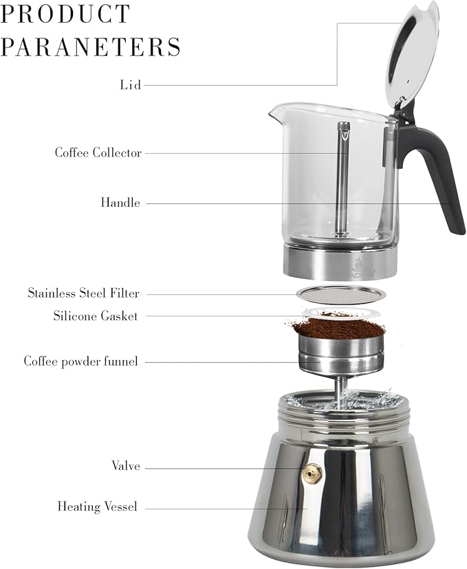 Stovetop Espresso Maker, 3Cup 160ml Moka Pot, Crystal Glass-top & Stainless Steel Coffee Maker Mocha Pot, Greca De Cafe, Cuban and Italian Coffee Maker for Cafetera Cubana
