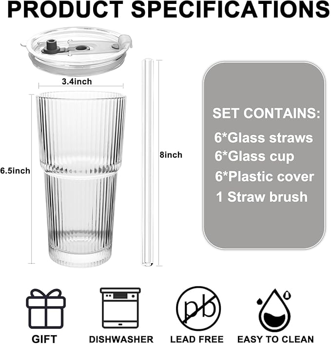 Ribbed Drinking Glasses,with Lids and Straws Glass Cup,19oz Glass cup,6 Pack Old Fashioned Glasses,Thickened for iced coffees,cocktails and juices, perfect for families and parties (6)