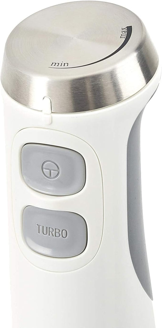 Amazon Basics 300W 4-In-1 Immersion Blender Handheld, Emulsion Blender With Blending Stick, Whisk, Chopper and Beaker, Continuous Speed Control And Turbo Mode, 5-ft Power Cord, White