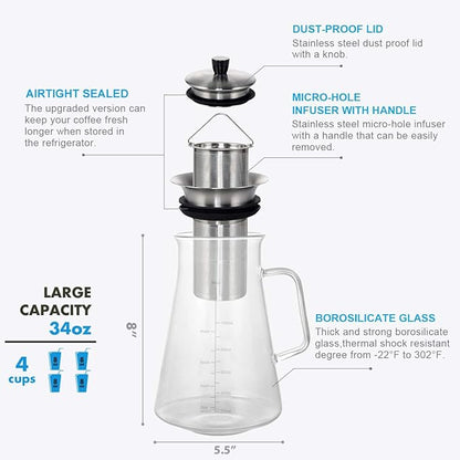 Aquach 34 Oz Cold Brew Coffee & Iced Tea Maker – Airtight Lid, Dishwasher Safe, Borosilicate Glass Caraf