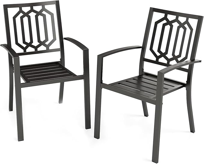 PHI VILLA Set of 2 Stackable Wrought Iron Patio Dining Chairs, Portable Black Outdoor Bistro Deck Metal Chairs, Support 300 lbs, Ideal for Garden, Backyard, Lawn