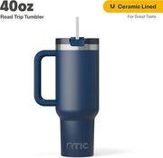 RTIC 40 oz Road Trip Tumbler Double-Walled Insulated Stainless Steel Portable Travel Coffee Mug Cup with Lid, Handle and Straw, Ceramic-Lined, Navy