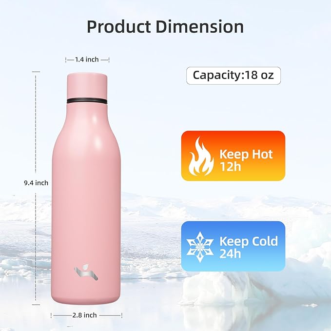 Insulated Water Bottle with Strap,18 oz Double Wall Stainless Steel Vacuum Bottles Metal Water Flask,Light Pink