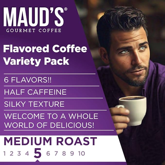 Maud's Half Caff Coffee Pods Variety Pack, 48 ct, 6 Assorted Flavors, Medium Roast Coffee in Recyclable Single Serve Pods – 100% Arabica Coffee, Compatible with Keurig K Cups Maker