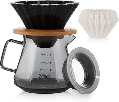 Bincoo 400ML Pour Over Coffee Maker Set with Filter Paper,Ceramic Coffee Dripper with Wood Stand Set for 1-2 Cups-Professional Brewing Tools for Pour Over & Drip for Home Office (Black)