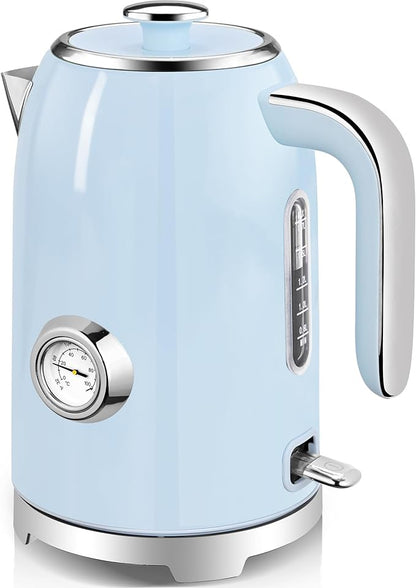 SUSTEAS Electric Kettle - 57oz Hot Tea Kettle Water Boiler with Thermometer, 1500W Fast Heating Stainless Steel Tea Pot, Cordless with LED Indicator, Auto Shut-Off & Boil Dry Protection, Blue