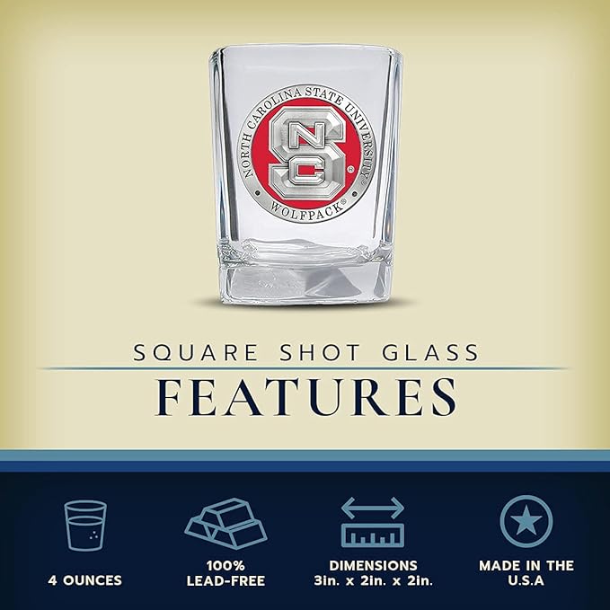Heritage Pewter North Carolina State Square Shot Glass | Hand-Sculpted 1.5 Ounce Shot Glass | Intricately Crafted Metal Pewter Alma Mater Inlay