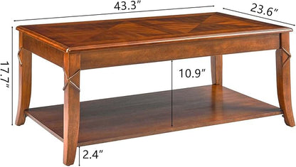 PADMA HOUSE Solid Wood Coffee Table with Shelf, Vintage Rectangle Cocktail Table with Dual Hourglass Tabletop, Apartment Center Sofa Table with Curved Legs for Living Room, 43.3 * 23.6 * 17.7in