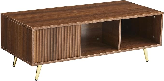COSVALVE 41.3IN LED Walnut Coffee Tables for Living Room with 16 Colors LED Lights, Modern Minimalist Coffee Table with Fluted Panel, Rectangle Center Table Game Table