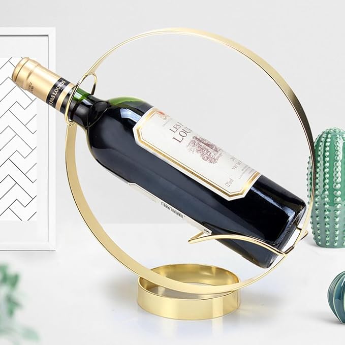 Metal Single Tabletop Wine Rack – Freestanding Countertop Decorative Wine Bottle Holder, Unique Wine Gifts and Accessories for Wine Lovers (Gold)