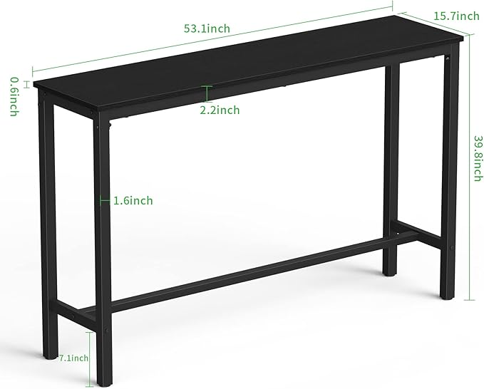 Mr IRONSTONE Bar Table, 53" Rectangular Pub Height Table – Sofa Console, Dining or Coffee Table for Narrow Spaces, Living Room, Sturdy Metal Frame, Easy Setup, Black