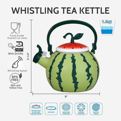 Whistling Tea Kettle for Stove Top Enamel on Steel Teakettle, Supreme Housewares Watermelon Design Teapot Water Kettle Cute Kitchen Accessories Teteras (1.6 Quart, Watermelon)