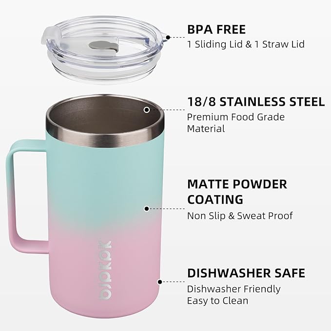 BJPKPK Insulated Coffee Mug with 2 Lids, 25oz Stainless Steel Insulated Tumbler with Handle, Double Wall Vacuum Coffee Cups, BPA Free Travel Mug for Coffee, Tea and Drinks, Marshmallow