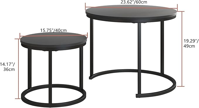 Small Coffee Table Set of 2, Round End Tables for Living Room, Modern Black Nesting Tables, Farmhouse Wood Side Table With Metal Frame, Easy Assembly, Stacking