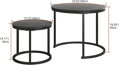 Small Coffee Table Set of 2, Round End Tables for Living Room, Modern Black Nesting Tables, Farmhouse Wood Side Table With Metal Frame, Easy Assembly, Stacking