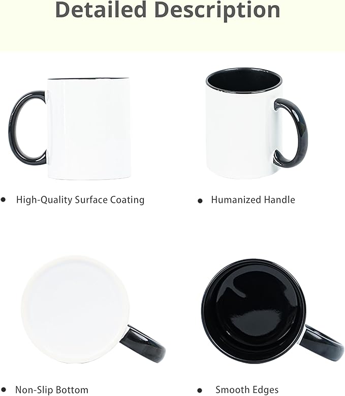 11oz White Ceramic Sublimation Coffee Mug With Solid Colors Inside and Handle, (6, Black)