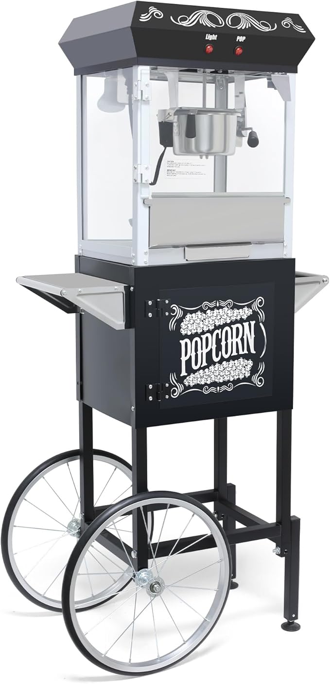 Vintage Popcorn Machine with Cart, 8oz Popper Stainless-Steel Kettle & Warming Light, Makes Up to 32 Cups, Ideal for Family Gatherings, Movie Theaters & Amusement Parks, Black