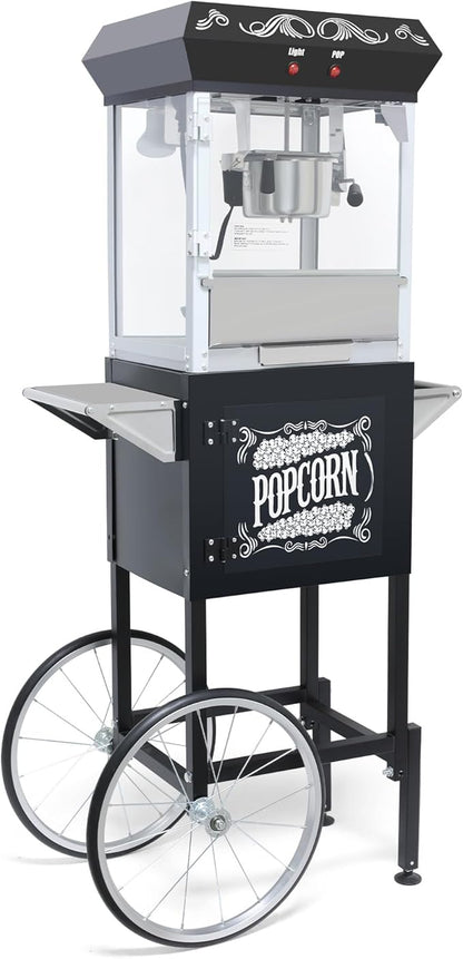 Vintage Popcorn Machine with Cart, 8oz Popper Stainless-Steel Kettle & Warming Light, Makes Up to 32 Cups, Ideal for Family Gatherings, Movie Theaters & Amusement Parks, Black