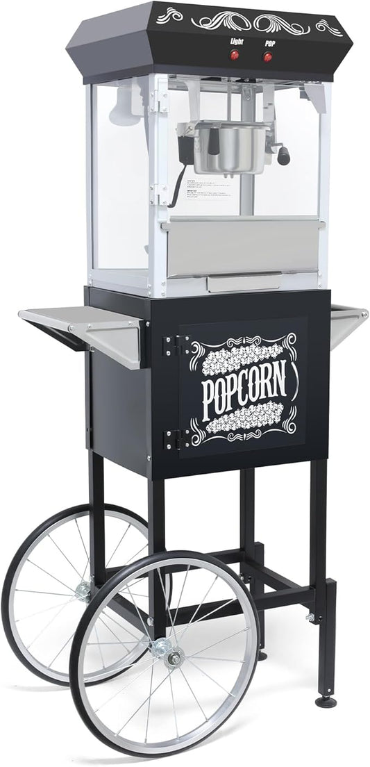 Vintage Popcorn Machine with Cart, 8oz Popper Stainless-Steel Kettle & Warming Light, Makes Up to 32 Cups, Ideal for Family Gatherings, Movie Theaters & Amusement Parks, Black