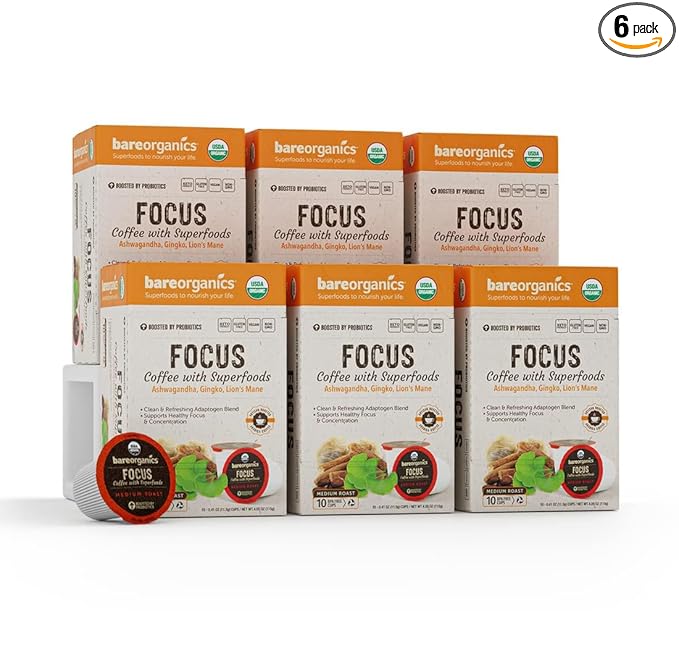 Focus Coffee with Superfoods - Organic Probiotic Mushroom Coffee Pods, Supports Healthy Focus & Digestion, Infused with Ashwagandha, Lion's Mane, and Cinnamon, USDA Certified Organic - 10 Recyclable Single Serve K-Cups - 6 Pack
