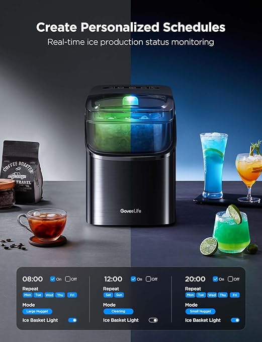 GoveeLife Smart Ice Maker Countertop, Portable Ice Machine with Voice Control, 9 Ice Cubes in 6 Minutes 3 Sizes, 26lbs/24Hrs, Self Cleaning RGB Lights, Quiet Ice Maker with Scoop for Kitchen Black