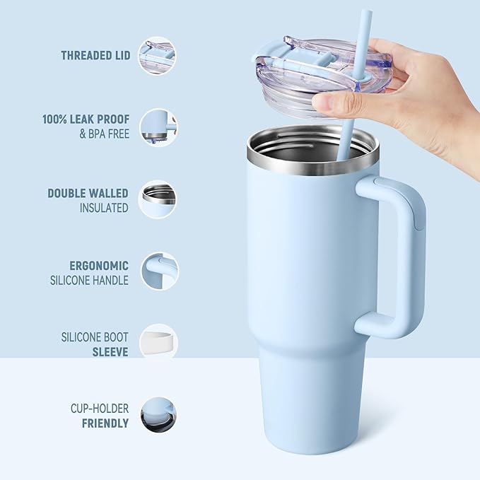COKTIK 40 oz Tumbler With Handle and Straw Lid, Vacuum Insulated Travel Coffee Mug Stainless Steel Insulated Cup for Beverages, Leak-proof, Cupholder Friendly (Silent Sky)