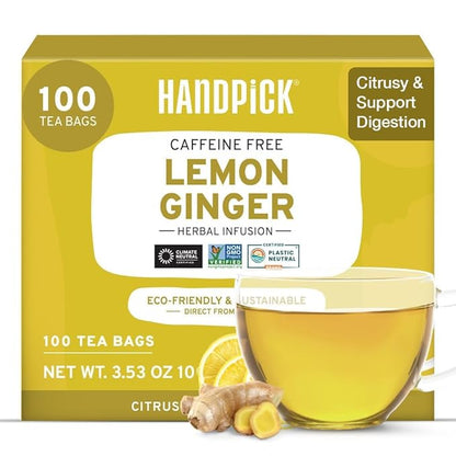 HANDPICK, Lemon Ginger Herbal Tea - 100 Pyramid Tea Bags | 100% Natural Ingredients, Tasty & Citrusy Hand-made Blend of Lemon & Ginger | Caffeine Free, Gluten Free | No Artificial Ingredients